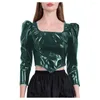 Vrouwen T-shirts Wetlook PVC Leer Lange Mouwen Dirndl Tops Vrouwen Vierkante Hals Sexy Bladerdeeg Cropped Top Doublet Shirt club Leuke 7XL