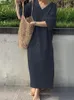 Basic Casual Dresses Spring Women's Long Dress Casual Solid V Neck Streetwear Loose Dress Korean Fashion Elegant Oversize Robe VintageDress 230531