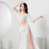 Zużycie sceniczne elegancji Oriental Dance Belly Costume High talia Pustka Design Design Tassel Suit z frędzlami 2 sztuki Zestaw
