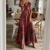 Основные повседневные платья летние винтажные длинные платья Женщины богемные элегантные цветочные припечатки v Neck Robe Beach Holiday Casual Big Swing Maxi платья 230531