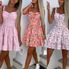 Grundlegende Freizeitkleider, Sommermode, kurzes Boho-Kleid, Damen-Minikleid mit Blumendruck, weiblich, ärmellos, hängender Gürtel, bedrucktes Taillenfaltenkleid 230531