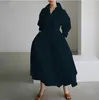 Grundläggande avslappnade klänningar S-5XL Korean Fashion Long Sleeve Shirt Dress Chic Turndown Neck Ruched Maxi Dress Women Autumn Winter Clothes Streetwear 230531