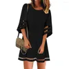 Party Dresses Summer Women Dress Black Casual O Neck Mesh Panel Blouse 3/4 Bell Sleeve Loose Top Shirt Lady Solid Vestido#40