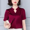 Женская блузская блузка 2023 Летнее симуляция шелк v -neck температурная шифоновая рубашка женская женская коротка с коротким рукавом.
