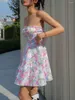 Casual Dresses Women Y2K Off Shoulder Floral Print Midi Dress Bandeau Tube Cocktail Prom Party Club Streetwear