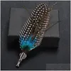 Pins Brooches 5 Colors 8.8X3.8Cm Mens Chic Handmade Peacock Pheasant Feather Hat Lapel Pin Brooch Accessories Wedding For Men Suit Dh8Pc