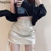 Capris Neploe Chic PU Women Skirts 2023 Black Faldas de Mujer High Waist Slim Fit Sexy Jupe Korean Drawstring Bodycon Mini Skirt 27C996