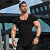 Herr t-shirts märke sommar fitness män bomull kort ärm t-shirt sned v hals gym klädkropp bodybuilding t shirt manliga smala tätt tees toppar t230601