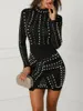 Casual Dresses Elegant Lady Beded Patchwork Short Mini Dress 2023 Fashion Turtleneck Long Sleeve Rivet Autumn and Winter Sexy Slim Party