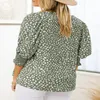 Fashion Leopard Print Shirred Cuff 3/4 Sleeve Blouses Elegant Women