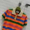 Women's T-Shirt designer Colorful striped short sleeve polo shirt casual fashionable color contrast design slim knitting top LF4G