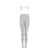 Pantaloni da due pezzi da donna Set riflettente Topio bianco e strisce grigie in alto con la vita ricamata Gym Outfit 2