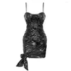 Casual Dresses Ailigou 2023 Summer Women's PU Leather Two Piece Set Nightclub Black Flower Lace Up Pleated Sexy Tight Mini Dress