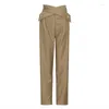 Damenhosen Frühling Sommer Frauen Metallknopf Kreuzgurt Hohe Taille Lange Gerade Khaki Büro Damen Freizeitarbeit Cargohose