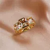 Band Rings Luxury Female Champagne Crystal Ring Yellow Gold Color Wedding Big For Women Bride Square Engagement