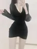 فساتين غير رسمية v Womengaga 2023 Neck Lace Puff Sleeve Mini Dress Long Sexy Plateed Short Slim Women Korea Tops W65M