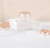Venda imperdível frasco de vidro transparente frasco de creme recipiente cosmético com tampa de ouro rosa 5g 10g 15g 20g 30g 50g 100g frascos de embalagem JL5689