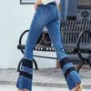 Women's Jeans Spring Lace Patchwork Flare Women Streetwear High Waist Bell-Bottomed Pants Elegant Office Lady Blue Denim Trousers