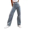 Jeans Femme Classique Décontracté Denim Poches Pantalon Droit Pantalon Taille Moyenne Bleu Filles Coupe Distressed