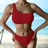 Women's Swimwear 2Pcs/Set One Shoulder Full Cup Pleated Wave Bikini Set Women Bandeau Bra High Waist Briefs Swimsuit Beachwear