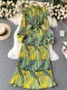 Robes décontractées basiques printemps rétro imprimé plissé long maxi robes féminité petit col montant manches bouffantes mince robe de vacances C293 230531
