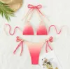 2023 New Sexy Women's Summer 2PCS Bikini Sets Sleeveless Halter Bandage Neck Gradient Color Bra + Low Waist Tie Up Thong Bikinis