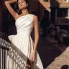 One Shoulder Simple Satin A Line Wedding Dresses For Brides With Long Chapel Train Boho Garden Bridal Gowns Sexy Split Side Sleeveless Modern Robes de Mariee 0509