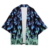 Roupas étnicas Estilo Japonês Conjuntos Moda Quimono Masculino Feminino Tamanho Grande 6XL Blue Flame China Harajuku Cardigan Haori Obi Roupas Asiáticas Calças