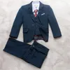 Herrenanzüge Ankunft Kinderanzug Blauer Streifen Roter Kinderblazer Maßgeschneidert für Hochzeit Neueste Designs 3 Stück (Jacke, Hose, Weste, Krawatte)