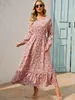 Basic Casual Dresses Women Elegant Floral Printed Long Dresses Spring Summer Casual O Neck Long Sleeve Ladies Chic High Waist A Line Beach Dresses 230531