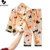 Pijamas Crianças Meninos Meninas Conjuntos de Pijamas Sedosos Desenhos Animados Casual Manga Longa Lapela Camisa Tops com Calças Bebê Verão Solto Dormir Roupa de Casa 230601