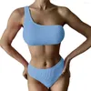 Women's Swimwear 2Pcs/Set One Shoulder Full Cup Pleated Wave Bikini Set Women Bandeau Bra High Waist Briefs Swimsuit Beachwear