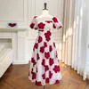 2023 Summer Floral Print Ribbon Tie Bow Jacquard Dress Short Sleeve Square Neck Panelled Midi Casual Dresses Y3M256797