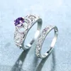 Anneaux de bande élégant femme cristal violet anneau classique couleur argent fiançailles pour les femmes mignon creux fleur ensemble de mariage