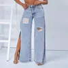 Jeans Feminino Calça Cargo com Zíper Feminino Perna Larga Cintura Alta Tamanho Grande