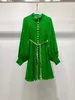 Casual Dresses Cotton Embroidery Women Green White Long Sleeve Dress With Pearls Button Sticked Belt