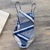 Traje de baño estampado azul retro Traje de baño de una pieza sin espalda Bikini con tirantes para mujer