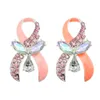 Silver Tone Rhinestone Crystal Pink Orange Enamel Ribbon Bow Brooches Breast Cancer Awareness Brooch Pins For Women