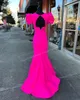 Fitted Prom Dress 2k23 Short Puff Sleeves Slit Fuchsia Crepe V-Neck Lady Pageant Gown Winter Formal Evening Party Wedding Guest Red Capet Runway Mother of the Bride