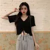 Women's T Shirts T-shirts Women Korean Style Chic Summer Crop Tops Shirring Sexig V-ringad stickad kvinnlig streetwear tunn
