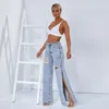 Jeans Feminino Calça Cargo com Zíper Feminino Perna Larga Cintura Alta Tamanho Grande