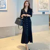 Grundläggande avslappnade klänningar vintage koreanska maxi klänningar för kvinnor fest långärmad v-ringning sjöjungfrun klänning eleganta mode damer vestidos femme höst 230531