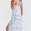 캐주얼 드레스 여성 미드 바디콘 드레스 꽃 프린트 스파게티 스트랩 사이드 스플릿 로우 컷 V- 넥 소매 여름 파티 클럽 슬릿