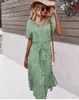 Basic Casual Dresses Women Floral Dress Summer Casual Short Sleeve Button Holiday Midi Dresses Female V-Neck Beach Boho Chic Dress Elegant Robe 230531