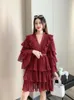 Casual Dresses Women Spring Autumn Dress 2023 Mid Length Cake Multilayer Woolen Ruffle Flare Sleeve Sticked Temperament Vestidos D2172