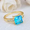 Bandringe Luxus Weiblicher Kristall Blauer Ring Gelbgold Farbe Hochzeit Für Frauen Niedliche Braut Quadratischer Zirkon Verlobung