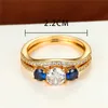 Anéis de banda de luxo feminino azul branco zircão conjunto promessa amarelo ouro cor anel de noivado casamento para mulheres
