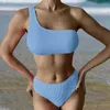 Women's Swimwear 2Pcs/Set One Shoulder Full Cup Pleated Wave Bikini Set Women Bandeau Bra High Waist Briefs Swimsuit Beachwear
