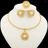 Necklace Earrings Set African Gold Color And Jewelry Stone Design Clip Pendant With Ring 3Pcs For Weddings