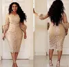 2023 Champagne Lace Short Mother of the Bride Dresses Plus Size Tea Length 3/4 Long Sleeve Sheath Mother of Groom Gowns M02